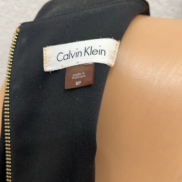 Calvin Klein Black Gold Zipper Sleeveless Sheath Midi Dress Scoop Neck Slimming - Picture 9 of 11